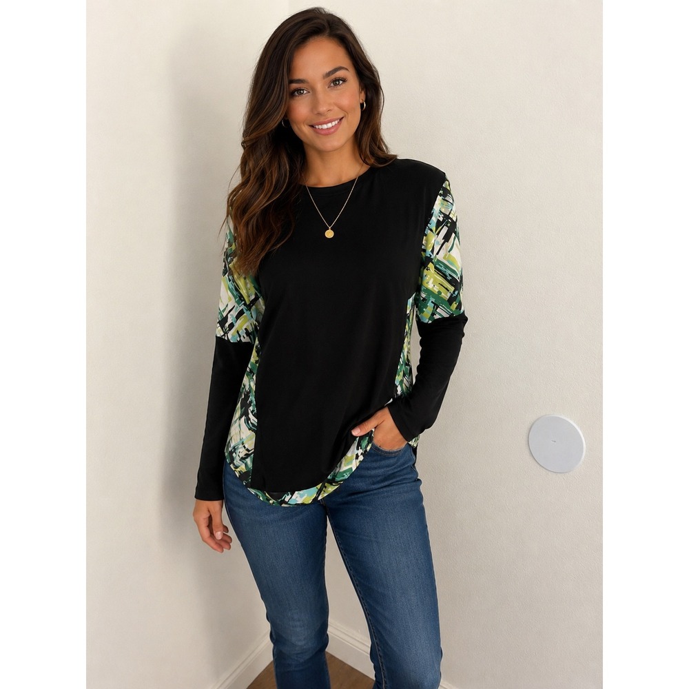 Mixed Media Long Sleeve Abstract Print Knit Top Black Green Blue Crew Neck